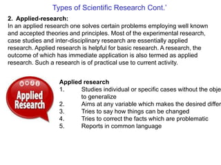 2. Applied-research:
In an applied research one solves certain problems employing well known
and accepted theories and principles. Most of the experimental research,
case studies and inter-disciplinary research are essentially applied
research. Applied research is helpful for basic research. A research, the
outcome of which has immediate application is also termed as applied
research. Such a research is of practical use to current activity.
Types of Scientific Research Cont.’
Applied research
1. Studies individual or specific cases without the objec
to generalize
2. Aims at any variable which makes the desired differ
3. Tries to say how things can be changed
4. Tries to correct the facts which are problematic
5. Reports in common language
 