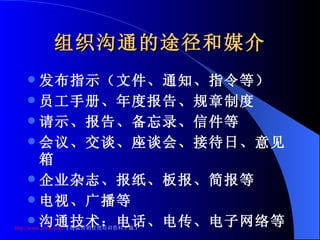 组织沟通的途径和媒介 发布指示（文件、通知、指令等） 员工手册、年度报告、规章制度 请示、报告、备忘录、信件等 会议、交谈、座谈会、接待日、意见箱 企业杂志、报纸、板报、简报等 电视、广播等 沟通技术：电话、电传、电子网络等 