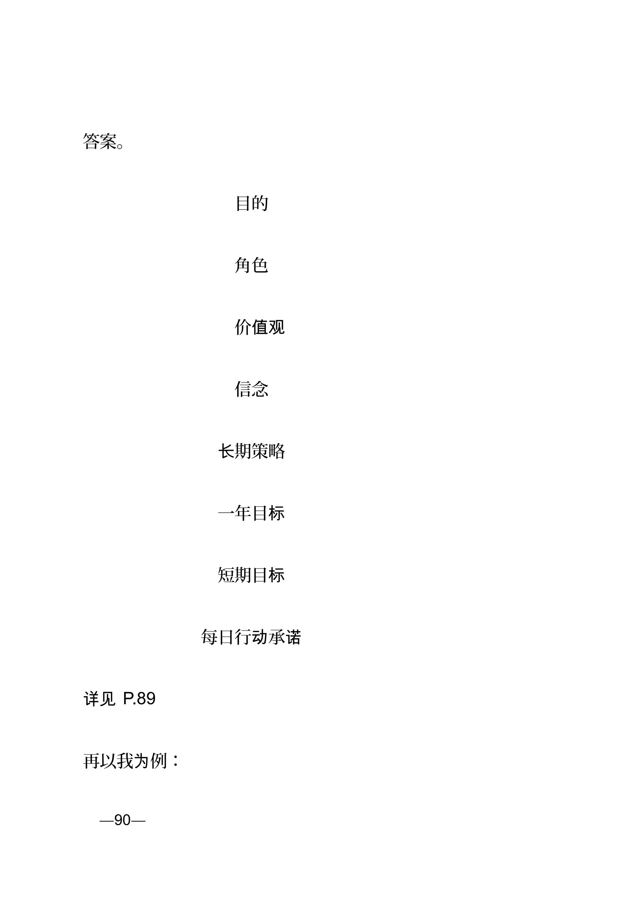 答案。
　　　　　　　　　目的
　　　　　　　　　角色
　　　　　　　　　价值观
　　　　　　　　　信念
　　　　　　　　 期策略长
　　　　　　　　一年目标
　　　　　　　　短期目标
　　　　　　　每日行 承动 诺
详见 P.89
再以我 例：为
页—90—
 