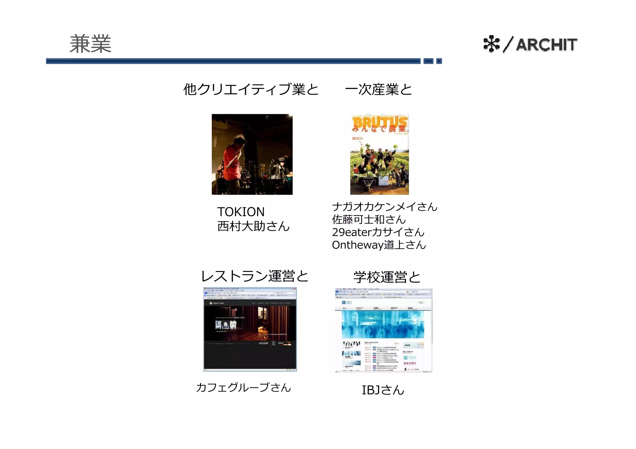 兼業

     他クリエイティブ業と    ⼀次産業と




                  ナガオカケンメイさん
       TOKION
                  佐藤可⼠和さん
       ⻄村⼤助さん     29eaterカサイさん
                  Ontheway道上さん


      レストラン運営と      学校運営と




     カフェグルーブさん       IBJさん
 