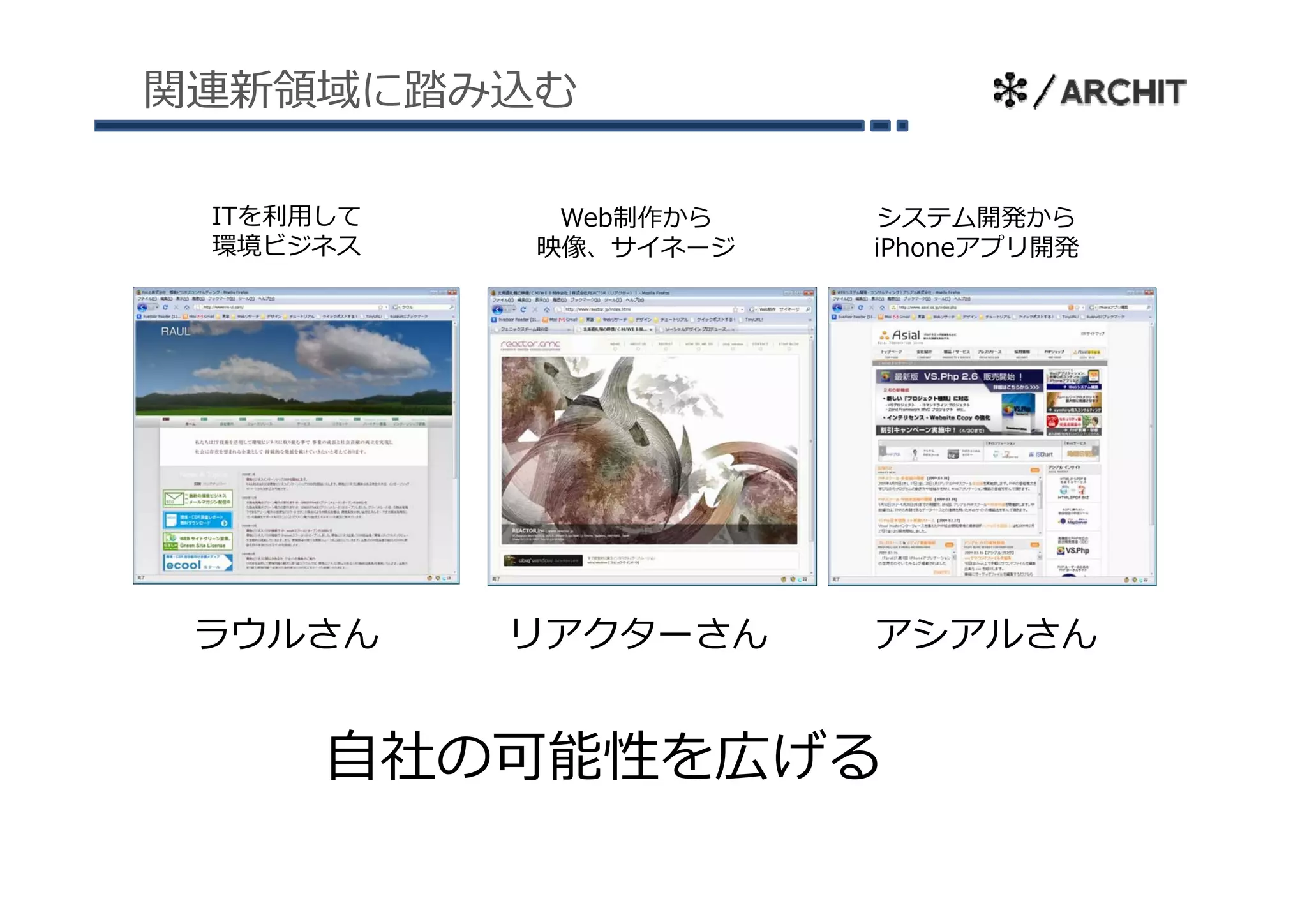 関連新領域に踏み込む

 ITを利⽤して    Web制作から    システム開発から
 環境ビジネス    映像、サイネ ジ
           映像、サイネージ   iPhoneアプリ開発




 ラウルさん     リアクターさん    アシアルさん


      ⾃社の可能性を広げる
 