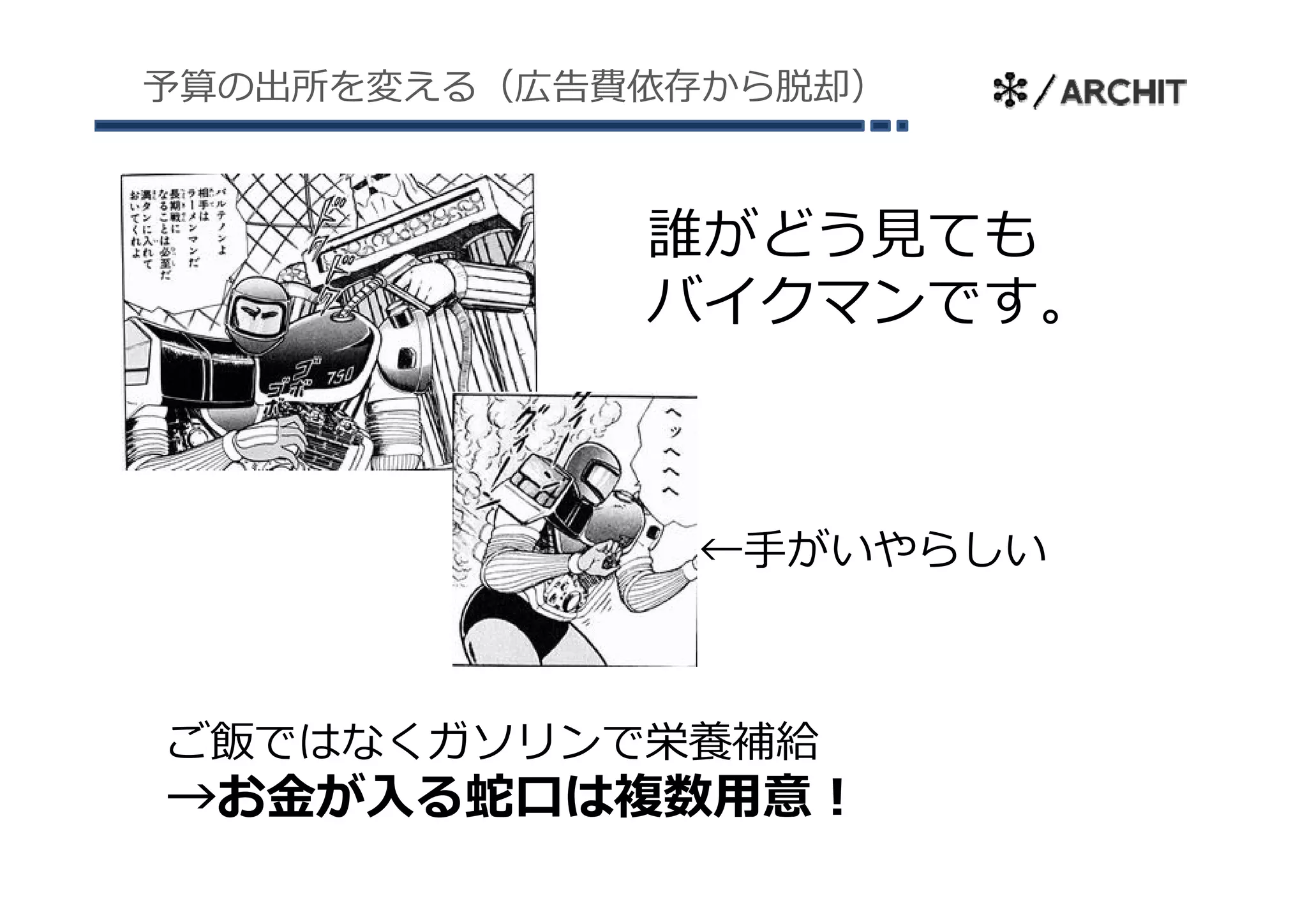 予算の出所を変える（広告費依存から脱却）



             誰がどう⾒ても
             バイクマンです。



              ←⼿がいやらしい
               ⼿が やらし



ご飯ではなくガソリンで栄養補給
→お⾦が⼊る蛇⼝は複数⽤意！
 お⾦が⼊ 蛇 は複数⽤意
 