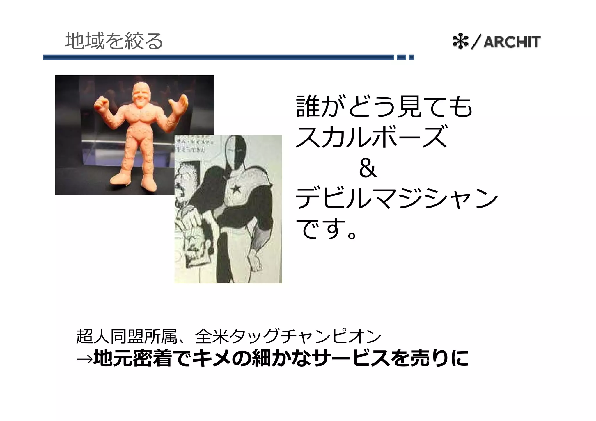 地域を絞る


           誰がどう⾒ても
           スカルボーズ
             ＆
           デビルマジシャン
           です。



超⼈同盟所属、全⽶タッグチャンピオン
→地元密着でキメの細かなサ ビスを売りに
 地元密着でキメの細かなサービスを売りに
 