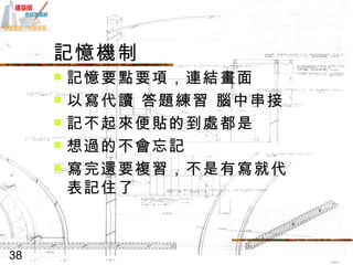 記憶機制 記憶要點要項，連結畫面 以寫代讀 答題練習 腦中串接 記不起來便貼的到處都是 想過的不會忘記 寫完還要複習，不是有寫就代表記住了 
