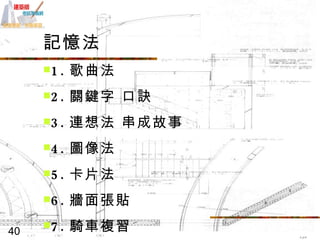 記憶法 1. 歌曲法 2. 關鍵字 口訣 3. 連想法 串成故事 4. 圖像法 5. 卡片法 6. 牆面張貼 7. 騎車複習 