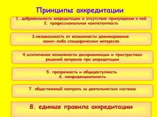 8. единые правила аккредитации 3.независимость от возможности доминирования  каких-либо специфических интересов 4.исключение возможности дискриминации и пристрастных решений вопросов при аккредитации 5. прозрачность и общедоступность  6. конфиденциальность 7. общественный контроль за деятельностью системы 1. добровольность аккредитации и отсутствие принуждения к ней 2. профессиональная компетентность Принципы аккредитации 
