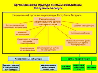 Организационная структура Системы аккредитации  Республики Беларусь Национальный орган по аккредитации Республики Беларусь Руководитель  Национального органа по аккредитации Комиссия  по апелляциям Комиссия по аттестации экспертов  по аккредитации Штат экспертов  по аккредитации Научно-техническая  комиссия по аккредитации Научно-технический центр Национального органа по аккредитации Инспекционный орган Совет по аккредитации Уполномоченные органы по аккредитации Аккредитованная Калибровочная  лаборатория Аккредитованная Испытательная лаборатория Аккредитованные  лаборатории Органы по сертификации Системы качества персонала Однородной продукции услуг 