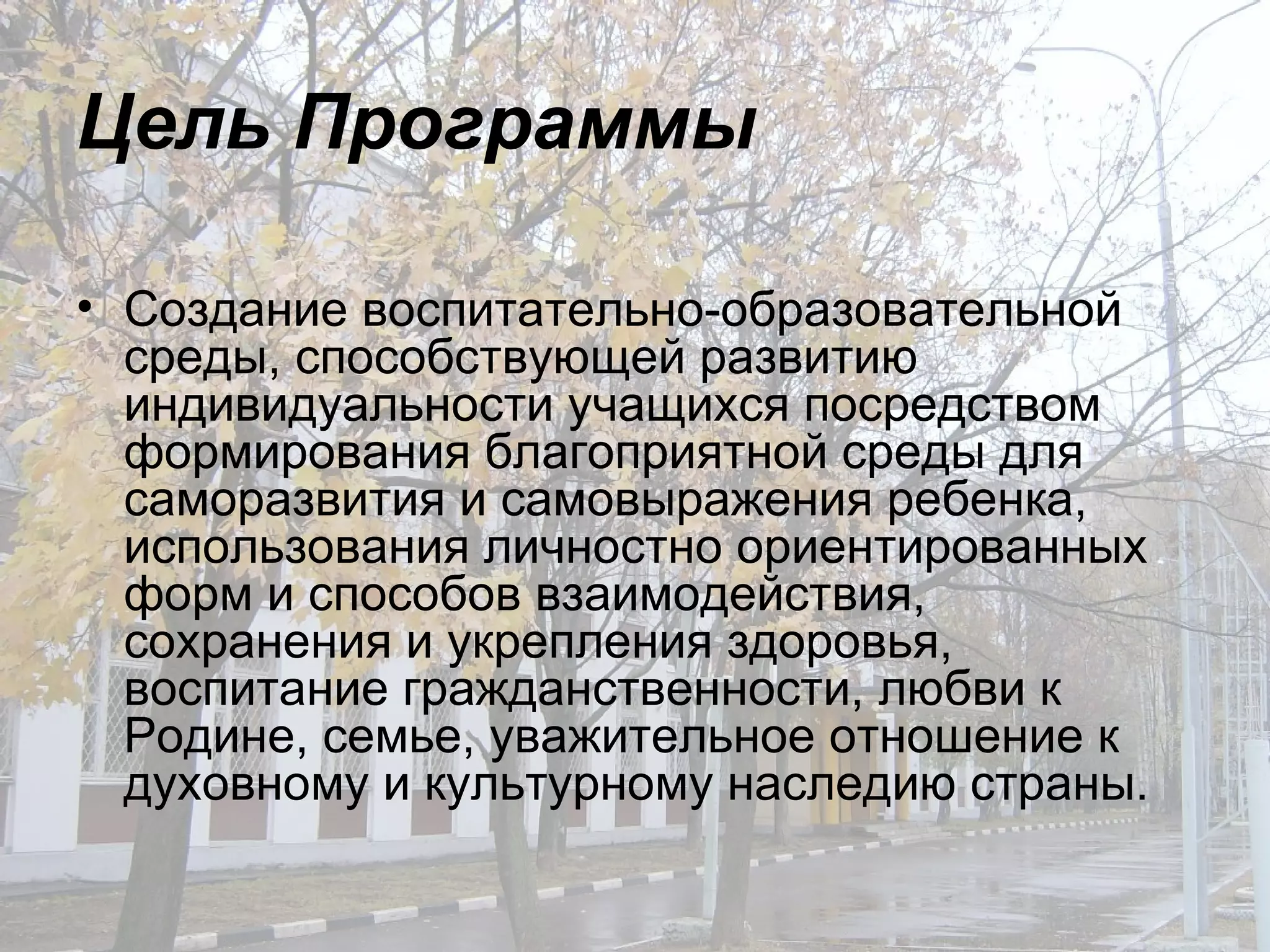 Цель Программы Создание воспитательно-образовательной среды, способствующей развитию индивидуальности учащихся посредством формирования благоприятной среды для саморазвития и самовыражения ребенка, использования личностно ориентированных форм и способов взаимодействия, сохранения и укрепления здоровья, воспитание гражданственности, любви к Родине, семье, уважительное отношение к духовному и культурному наследию страны. 