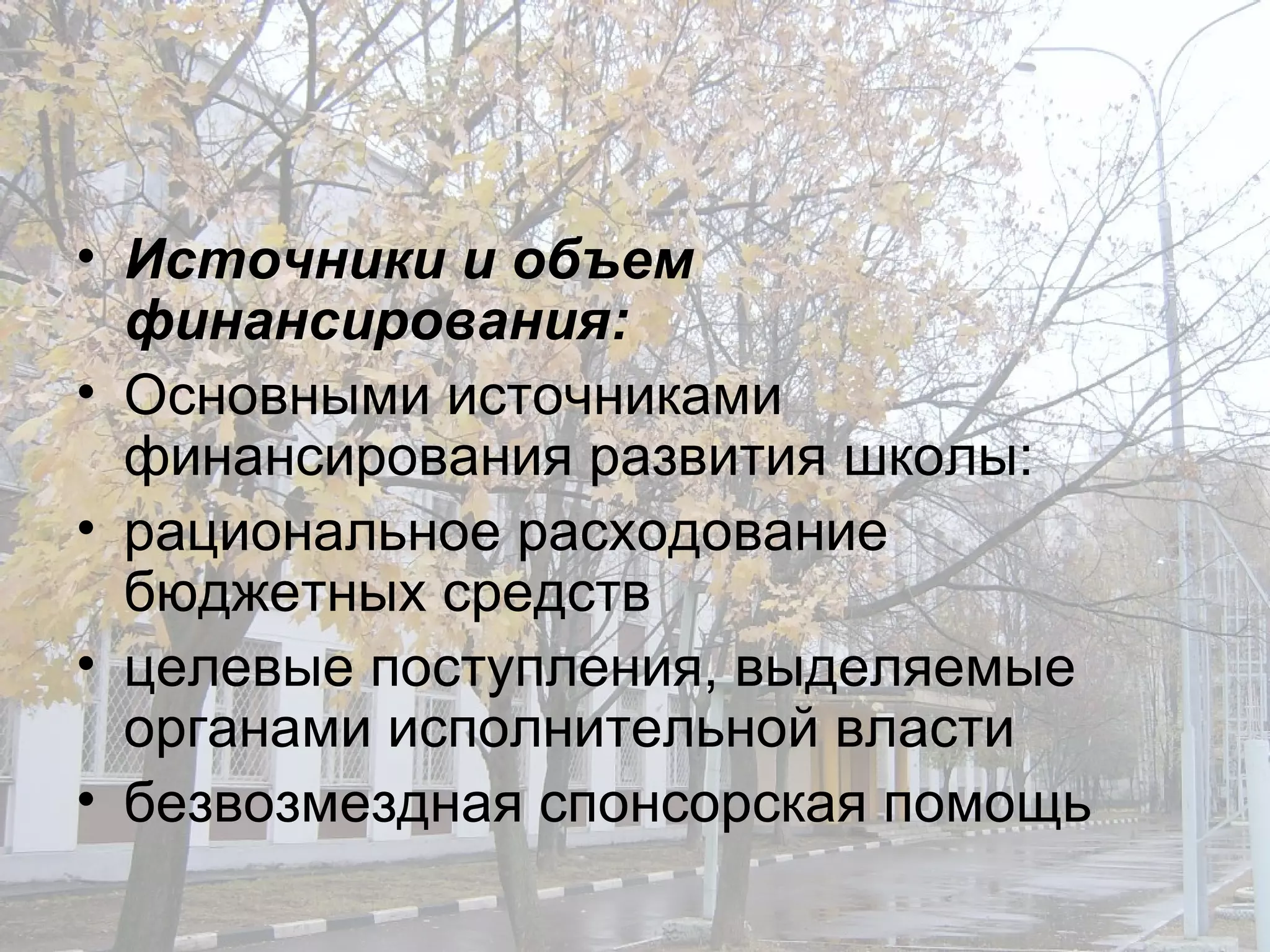 Источники и объем финансирования : Основными источниками финансирования развития школы: рациональное расходование бюджетных средств  целевые поступления, выделяемые органами исполнительной власти безвозмездная спонсорская помощь 
