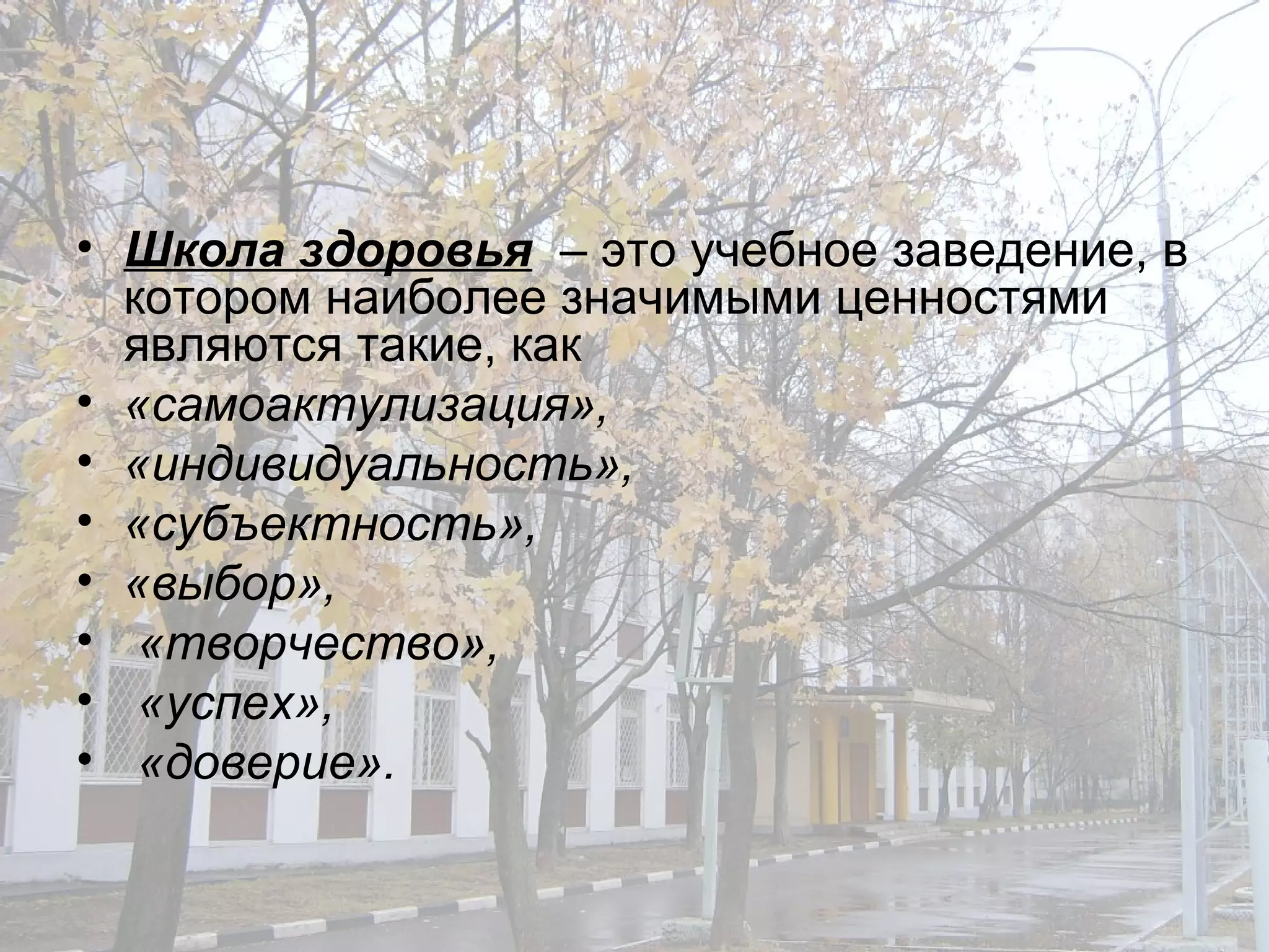 Школа здоровья   – это учебное заведение, в котором наиболее значимыми ценностями являются такие, как  «самоактулизация», «индивидуальность», «субъектность», «выбор», «творчество», «успех», «доверие». 