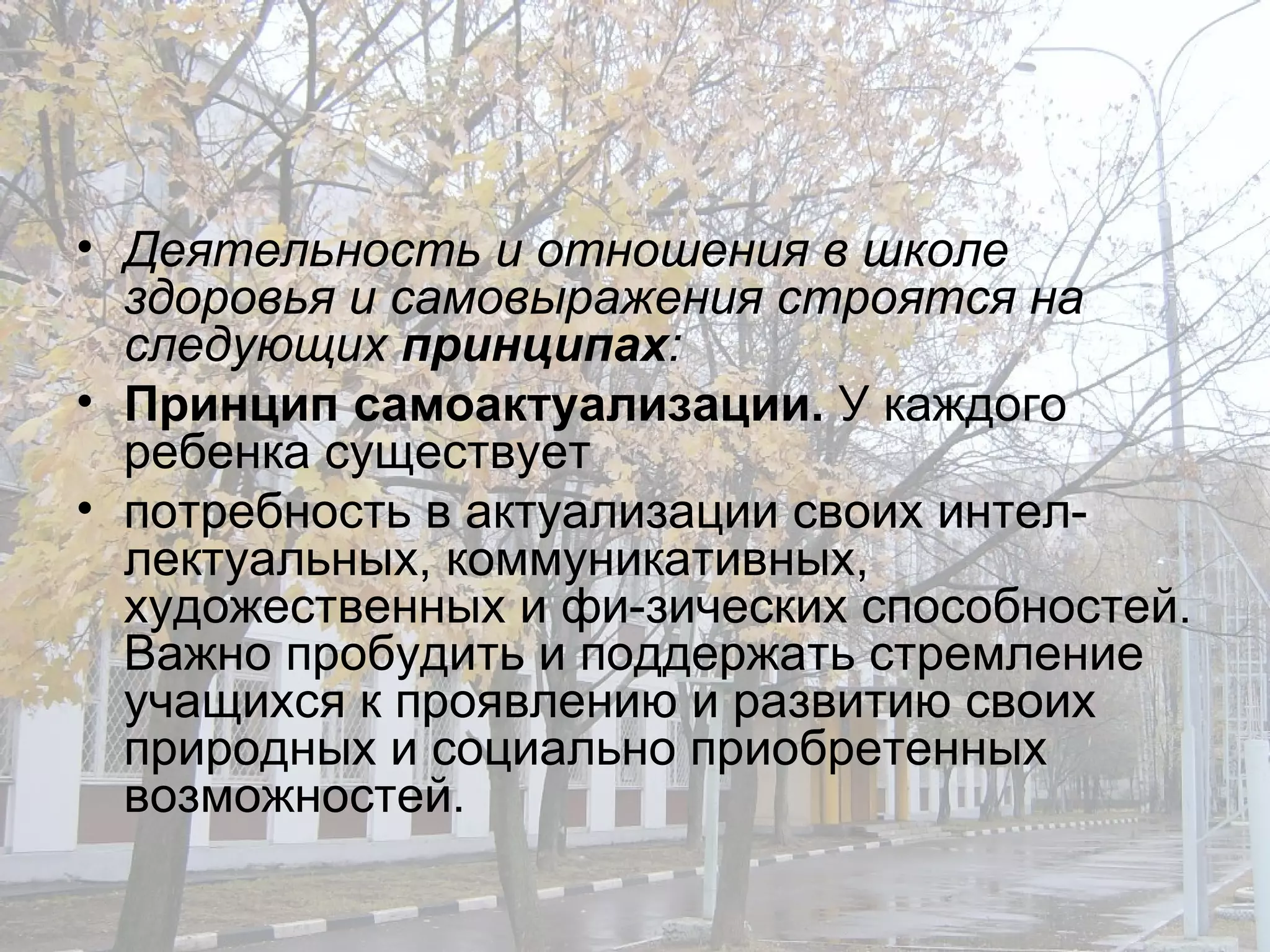 Деятельность и отношения в школе здоровья и самовыражения строятся на следующих  принципах : Принцип самоактуализации.  У каждого ребенка существует потребность в актуализации своих интел­лектуальных, коммуникативных, художественных и фи­зических способностей. Важно пробудить и поддержать стремление учащихся к проявлению и развитию своих природных и социально приобретенных возможностей. 