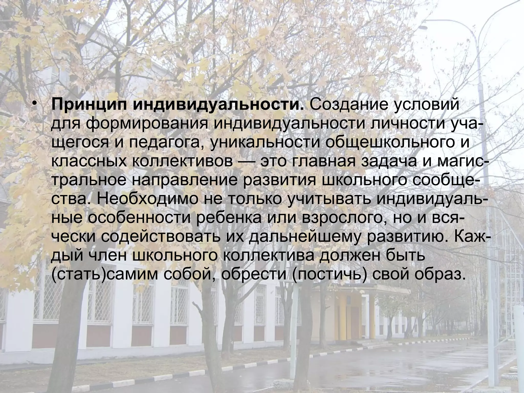 Принцип индивидуальности.  Создание условий для формирования индивидуальности личности уча­щегося и педагога, уникальности общешкольного и классных коллективов — это главная задача и магис­тральное направление развития школьного сообще­ства. Необходимо не только учитывать индивидуаль­ные особенности ребенка или взрослого, но и вся­чески содействовать их дальнейшему развитию. Каж­дый член школьного коллектива должен быть (стать)самим собой, обрести (постичь) свой образ. 