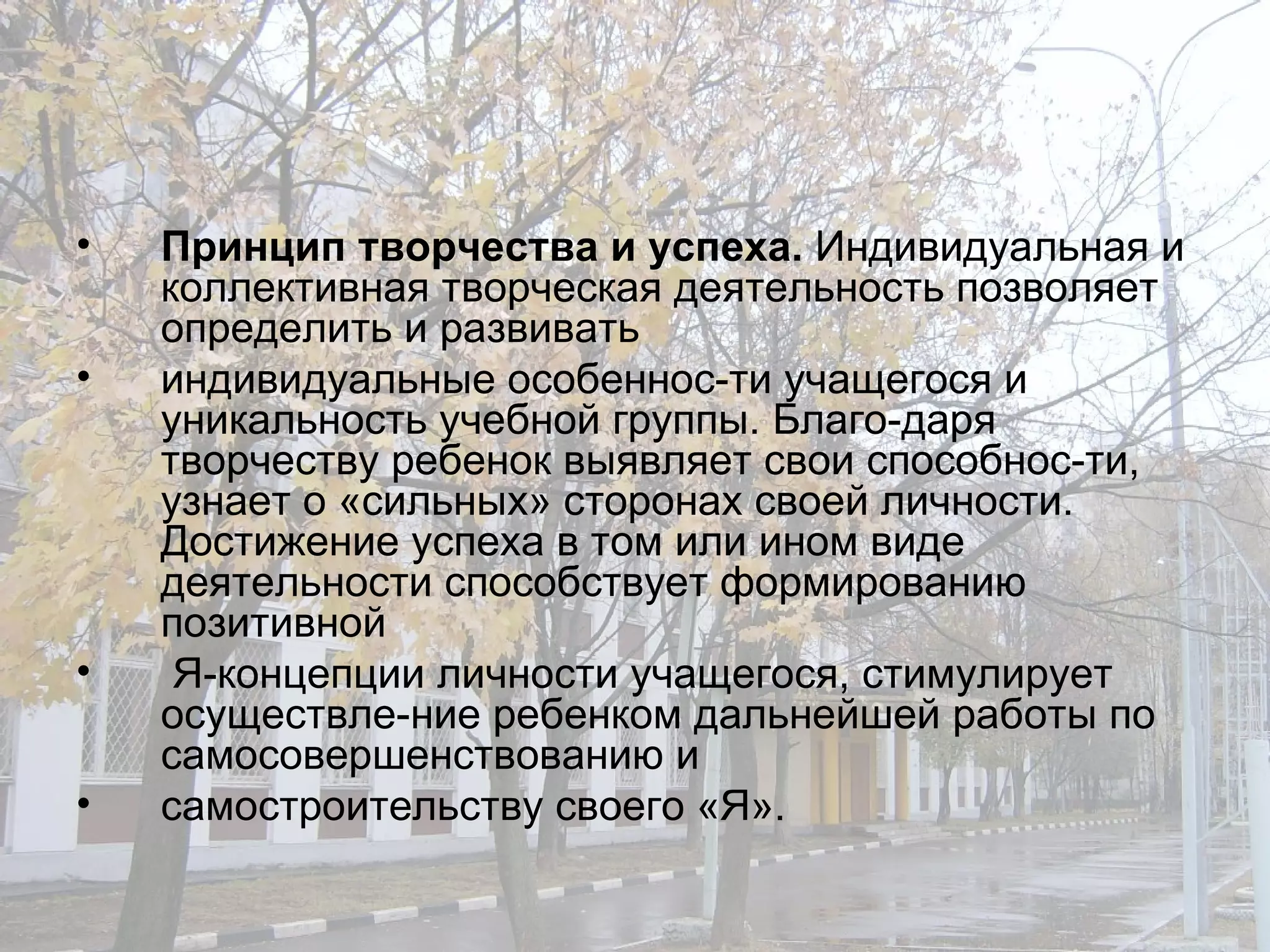 Принцип творчества и успеха.  Индивидуальная и коллективная творческая деятельность позволяет определить и развивать индивидуальные особеннос­ти учащегося и уникальность учебной группы. Благо­даря творчеству ребенок выявляет свои способнос­ти, узнает о «сильных» сторонах своей личности. Достижение успеха в том или ином виде деятельности способствует формированию позитивной Я-концепции личности учащегося, стимулирует осуществле­ние ребенком дальнейшей работы по самосовершенствованию и самостроительству своего «Я». 