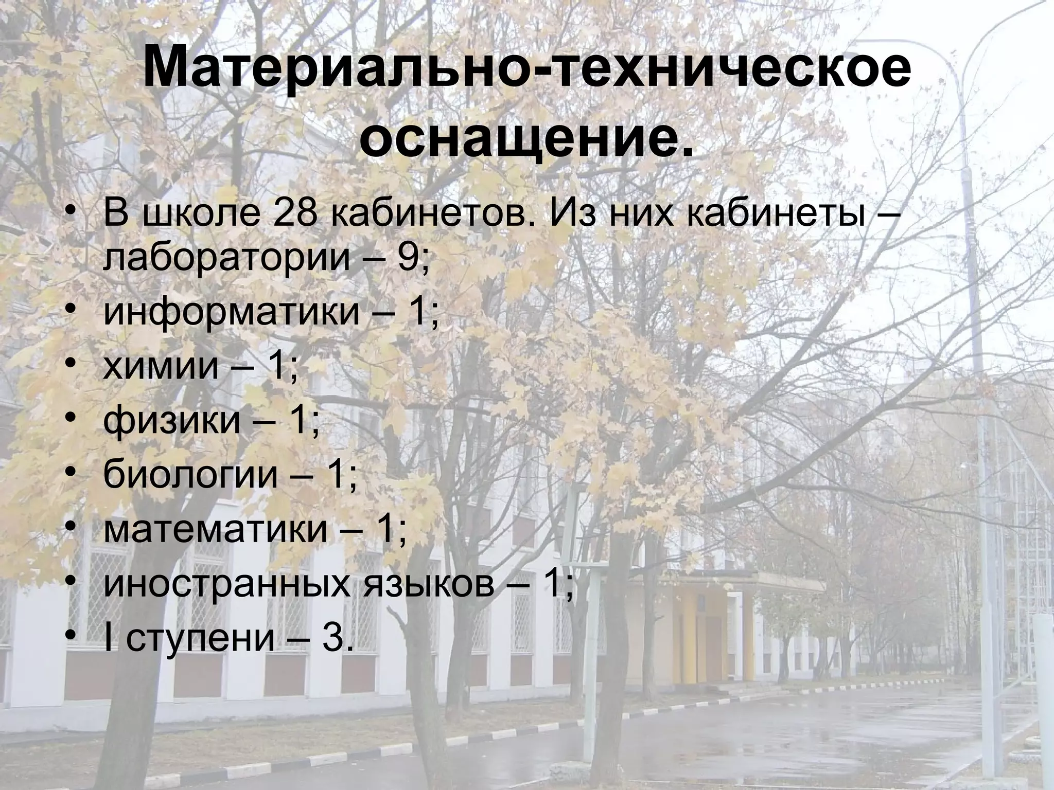 Материально-техническое оснащение. В школе 28 кабинетов. Из них кабинеты – лаборатории – 9;  информатики – 1; химии – 1; физики – 1; биологии – 1; математики – 1; иностранных языков – 1; I  ступени – 3. 