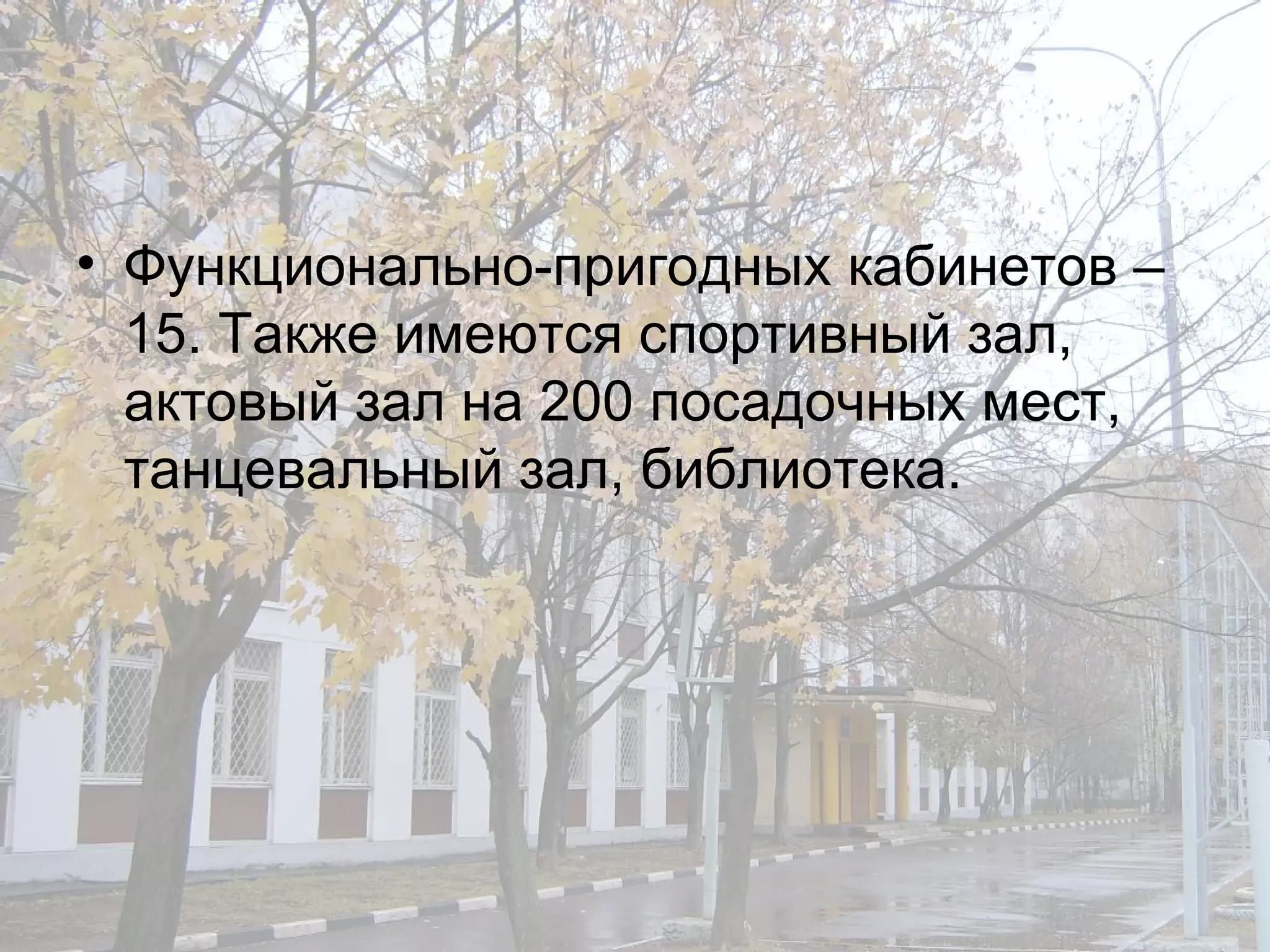 Функционально-пригодных кабинетов – 15. Также имеются спортивный зал,  актовый зал на 200 посадочных мест, танцевальный зал, библиотека.  