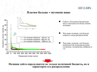 Платим больше – «стоим» ниже Сайты с большими бюджетами могут находится на более низких позициях Чем ниже позиция, тем больше скорость спада распределения Чем ниже позиция, тем больше особенностей на распределении: ступеньки, экстремумы, выбросы и т.п. Позиции сайта определяются не только величиной бюджета, но и характером его распределения 