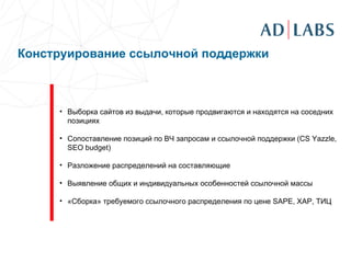 Конструирование ссылочной поддержки     Выборка сайтов из выдачи, которые продвигаются и находятся на соседних позициях Сопоставление позиций по ВЧ запросам и ссылочной поддержки ( CS Yazzle, SEO budget ) Разложение распределений на составляющие Выявление общих и индивидуальных особенностей ссылочной массы «Сборка» требуемого ссылочного распределения по цене  SAPE, XAP,  ТИЦ 