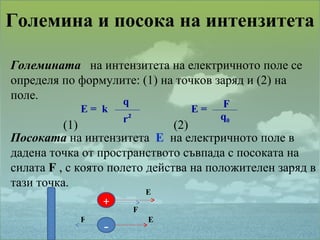 Големина и посока на интензитета Големината   на интензитета на електричното поле се определя по формулите: (1) на точков заряд и (2) на поле. (1)  (2) E =   q 0 F Посоката  на интензитета  Е   на електричното поле в дадена точка от пространството съвпада с посоката на силата  F   , с която полето действа на положителен заряд в тази точка. - + ++++++++++ Е F F E q E =  k r 2 