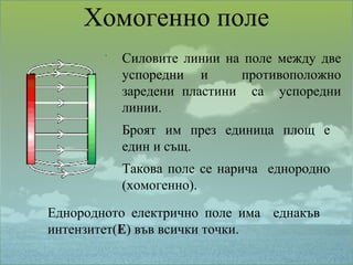 Хомогенно поле
Силовите линии на поле между две
успоредни и противоположно
заредени пластини са успоредни
линии.
Броят им през единица площ е
един и същ.
Такова поле се нарича еднородно
(хомогенно).
Еднородното електрично поле има еднакъв
интензитет(Е) във всички точки.
 