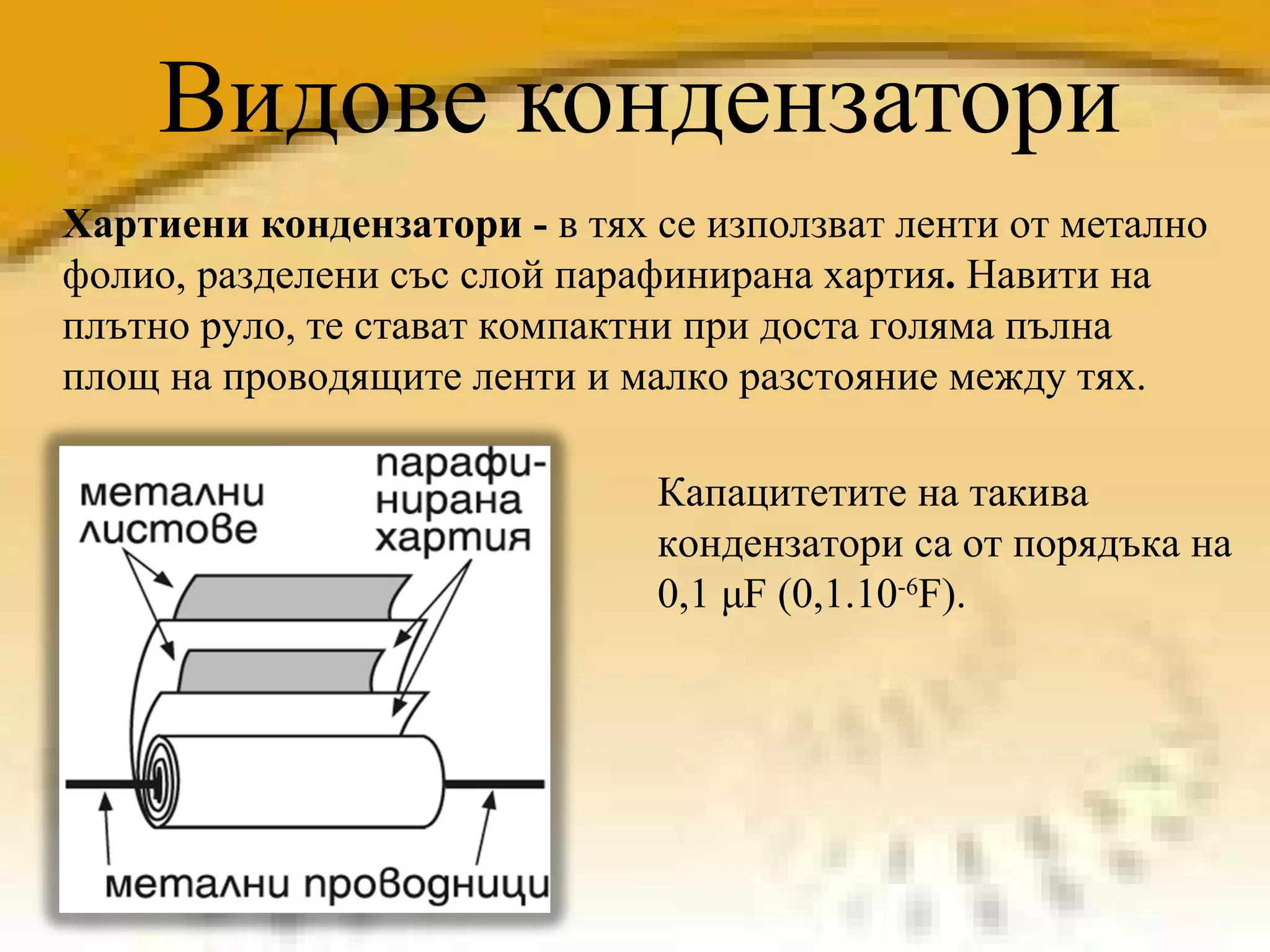 Видове кондензатори Хартиени кондензатори -  в тях се използват ленти от метално фолио, разделени със слой парафинирана хартия .  Навити на плътно руло, те стават компактни при доста голяма пълна площ на проводящите ленти и малко разстояние между тях.  Капацитетите на такива кондензатори са от порядъка на 0,1  μ F  (0,1.10 -6 F ) . 