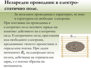 Незареден проводник в електро-
статично поле.
За металните проводници е характерно, че имат
в структурата си свободни електрони.
При поставяне на проводника в
електрично поле неговите заряди ще
изпитват действието на електрична
сила. Електричните сили, приложени
към свободните електрони,
предизвикват тяхното преместване в
определена посока. При даден
интензитет Е0 на еднородно поле
силата, действаща на отрицателен
заряд, е с посока обратна на
интензитета.
 