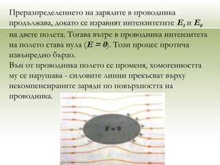 Преразпределението на зарядите в проводника
продължава, докато се изравнят интензитетите Е1 и Е0
на двете полета. Тогава вътре в проводника интензитета
на полето става нула (Е = 0). Този процес протича
извънредно бързо.
Вън от проводника полето се променя, хомогенността
му се нарушава - силовите линии прекъсват върху
некомпенсираните заряди по повърхността на
проводника.
 