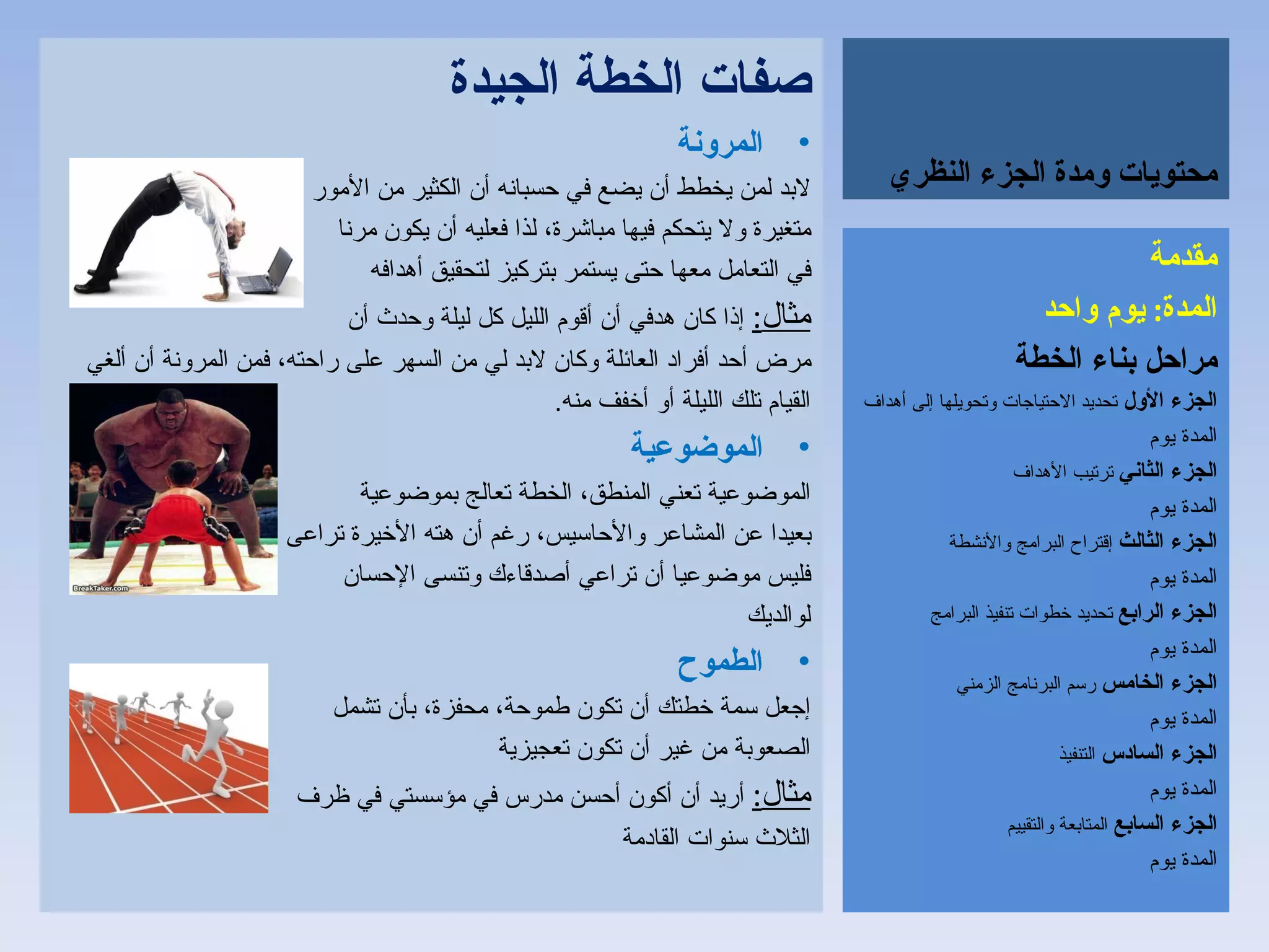 محتويات ومدة الجزء النظري صفات الخطة الجيدة المرونة لابد لمن يخطط أن يضع في حسبانه أن الكثير من الأمور متغيرة ولا يتحكم فيها مباشرة، لذا فعليه أن يكون مرنا في التعامل معها حتى يستمر بتركيز لتحقيق أهدافه مثال :   إذا كان هدفي أن أقوم الليل كل ليلة وحدث أن مرض أحد أفراد العائلة وكان لابد لي من السهر على راحته، فمن المرونة أن ألغي القيام تلك الليلة أو أخفف منه . الموضوعية الموضوعية تعني المنطق، الخطة تعالج بموضوعية بعيدا عن المشاعر والأحاسيس، رغم أن هته الأخيرة تراعى فليس موضوعيا أن تراعي أصدقاءك وتنسى الإحسان  لوالديك الطموح إجعل سمة خطتك أن تكون طموحة، محفزة، بأن تشمل الصعوبة من غير أن تكون تعجيزية مثال :   أريد أن أكون أحسن مدرس في مؤسستي في ظرف الثلاث سنوات القادمة مقدمة المدة :  يوم واحد مراحل بناء الخطة الجزء الأول   تحديد الاحتياجات وتحويلها إلى أهداف المدة يوم الجزء الثاني  ترتيب الأهداف المدة يوم الجزء الثالث  إقتراح البرامج والأنشطة المدة يوم الجزء الرابع  تحديد خطوات تنفيذ البرامج المدة يوم الجزء الخامس  رسم البرنامج الزمني المدة يوم الجزء السادس  التنفيذ المدة يوم الجزء السابع  المتابعة والتقييم المدة يوم 