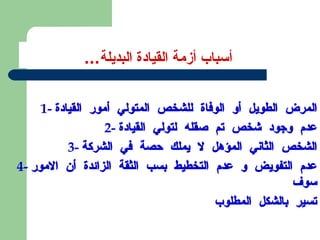 أسباب أزمة القيادة البديلة ... 1-  المرض الطويل أو الوفاة للشخص المتولي أمور القيادة 2-  عدم وجود شخص تم صقله لتولي القيادة 3-  الشخص الثاني المؤهل لا يملك حصة في الشركة 4-  عدم التفويض و عدم التخطيط بسب الثقة الزائدة أن الامور سوف تسير بالشكل المطلوب 
