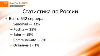 Статистика по России Всего 642 сервера Sendmail — 33% Postfix — 25% Exim — 15% CommuniGate — 8% Остальные - 1% 