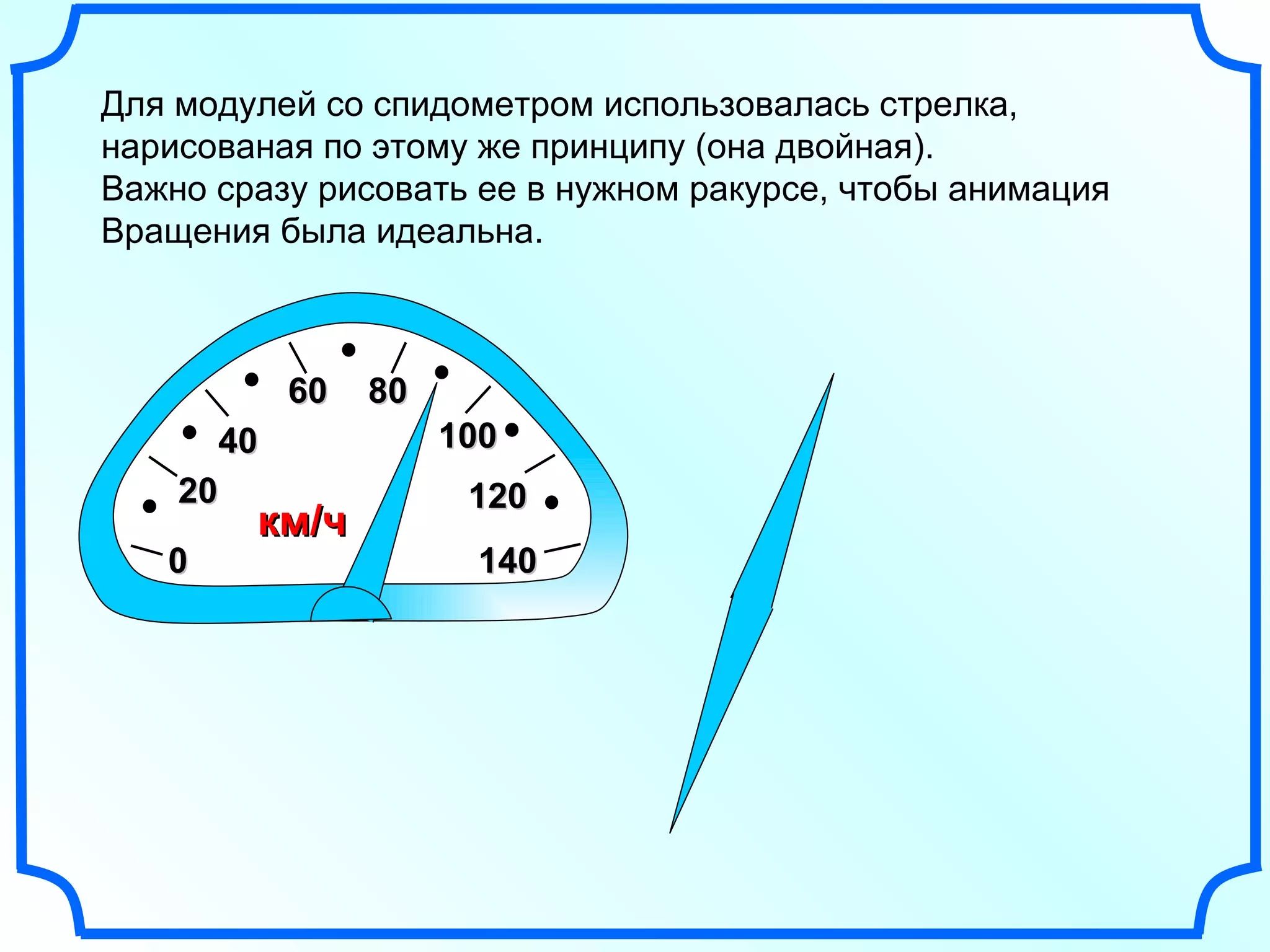 0 2 0 4 0 6 0 8 0 10 0 Для модулей со спидометром использовалась стрелка, нарисованая по этому же принципу (она двойная). Важно сразу рисовать ее в нужном ракурсе, чтобы анимация Вращения была идеальна. 14 0 12 0 км/ч 