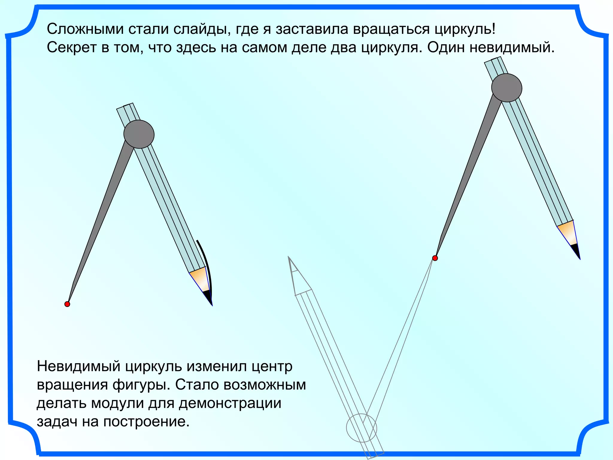 Сложными стали слайды, где я заставила вращаться циркуль!  Секрет в том, что здесь на самом деле два циркуля. Один невидимый. Невидимый циркуль изменил центр вращения фигуры. Стало возможным делать модули для демонстрации задач на построение. 