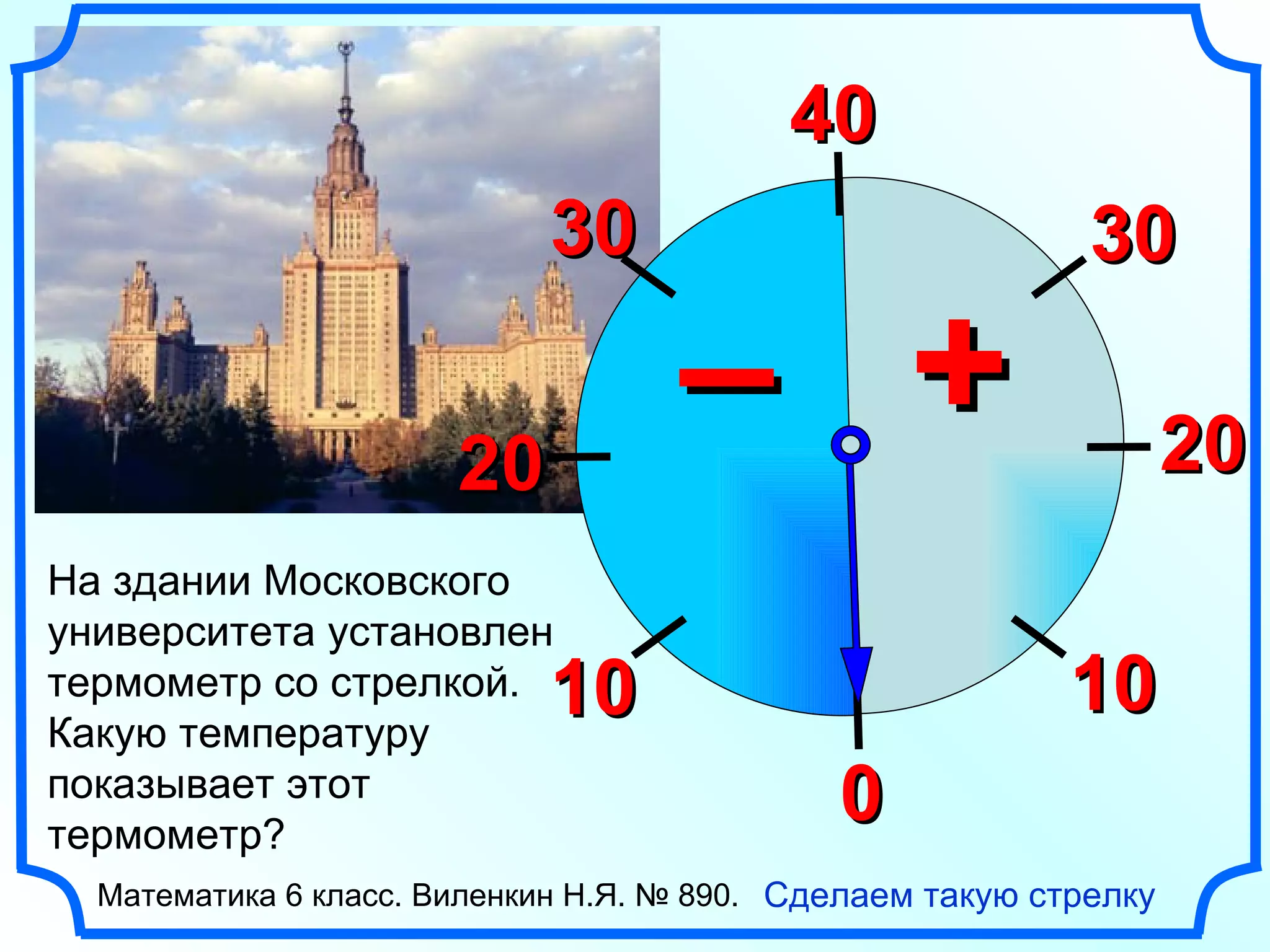 На здании Московского университета установлен термометр со стрелкой.  Какую температуру показывает этот термометр?  Сделаем такую стрелку Математика 6 класс. Виленкин Н.Я. № 890. 40 30 20 10 0 10 20 30 + – 