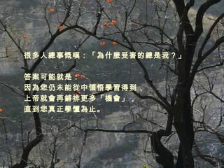 很多人總事慨嘆：「為什麼受害的總是我？」 答案可能就是： 因為您仍未能從中領悟學習得到， 上帝就會再鋪排更多「機會」， 直到您真正學懂為止。 