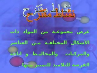 عرض مجموعة من المواد ذات الأشكال المختلفة من العناصر والمركبات  والمخاليط و اتاحة الفرصة للتلاميذ للتمييز بينها  . نشاط مقترح 