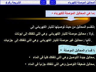 المحاليل الموصلة للكهرباء  الشريحة رقم  4 ما   هي المحاليل الموصلة للكهرباء : تنقسم المحاليل من حيث توصيلها للتيار الكهربائي إلى : أولا  :   محاليل موصلة للتيار الكهربائي  وهي التي تتفكك إلى ايونات  .  ثانيا  :   محاليل غير موصلة للتيار الكهربائي  وهي التي تتفكك إلى  جزئيات   .  *  ا قسا م المحاليل الموصلة  : محاليل جيدة التوصيل وهي التي تتفكك كلياً في الماء  . محاليل ضعيفة التوصيل وهي التي تتفكك جزئياً في الماء  . 