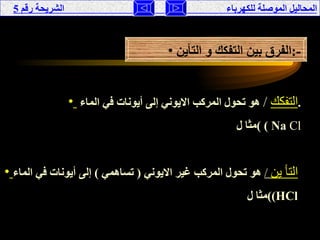 المحاليل الموصلة للكهرباء  الشريحة رقم  5 الفرق بين التفكك و التأين  :- التفكك   /   هو تحول المركب الايوني إلى أيونات في الماء  . مثا ل  (  ( Na  Cl التأ ين   /   هو تحول المركب غير الايوني  (  تساهمي  )  إلى أيونات في الماء   مثا ل  ( (HCl   