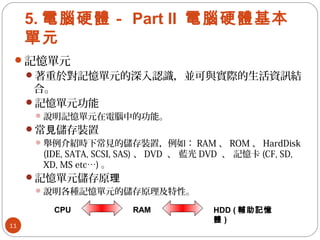 5. 電腦硬體－ Part II 電腦硬體基本
單元
記憶單元
著重於對記憶單元的深入認識，並可與實際的生活資訊結
合。
記憶單元功能
說明記憶單元在電腦中的功能。
常 儲存裝置見
舉例介紹時下常見的儲存裝置，例如： RAM 、 ROM 、 HardDisk
(IDE, SATA, SCSI, SAS) 、 DVD 、 藍光 DVD 、 記憶卡 (CF, SD,
XD, MS etc…) 。
記憶單元儲存原理
說明各種記憶單元的儲存原理及特性。
11
CPU RAM HDD ( 輔助記憶
體 )
 