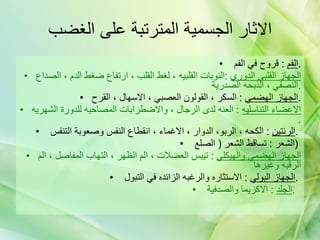 الاثار الجسمية المترتبة على الغضب الفم   :  قروح في الفم  . الجهاز القلبي الدوري   : النوبات القلبيه ، لغط القلب ، ارتفاع ضغط الدم ، الصداع النصفي ، الذبحه الصدرية  . الجهاز الهضمي   :  السكر ، القولون العصبي ، الاسهال ، القرح . الاعضاء التناسليه   :  العنه لدى الرجال ، والاضطرابات المصاحبه للدورة الشهريه  . الرئتين   :  الكحه ، الربو، الدوار ، الاغماء ، انقطاع النفس وصعوبة التنفس  .  الشعر  :  تساقط الشعر  (  الصلع  )  الجهاز الهضمي والهيكلي   :  تيبس العضلات ، الم الظهر ، التهاب المفاصل ، الم الرقبه وغيرها  الجهاز البولي   :  الاستثاره والرغبه الزائده في التبول  .  الجلد   :  الاكزيما والصدفية  .  