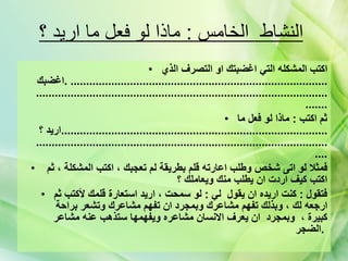 النشاط  الخامس  :  ماذا لو فعل ما اريد ؟   اكتب المشكله التي اغضبتك او التصرف الذي اغضبك  . ...................................................................................................................................................................................... ثم اكتب  :  ماذا لو فعل ما اريد ؟  ...................................................................................................................................................................................... فمثلا لو اتى شخص وطلب اعارته قلم بطريقة لم تعجبك ، اكتب المشكلة ، ثم اكتب كيف اردت ان يطلب منك ويعاملك ؟  فتقول  :  كنت اريده ان يقول  لي  :  لو سمحت ، اريد استعارة قلمك لأكتب ثم ارجعه لك ، وبذلك تفهم مشاعرك وبمجرد ان تفهم مشاعرك وتشعر براحة كبيرة ،  وبمجرد  ان يعرف الانسان مشاعره ويفهمها ستذهب عنه مشاعر الضجر  .   