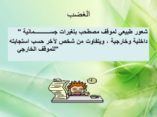 الغضب "  شعور طبيعي لموقف مصطحب بتغيرات جس ـــــــــــ مانية  داخلية وخارجية ، ويتفاوت من شخص لآخر حسب استجابته للموقف الخارجي  " 