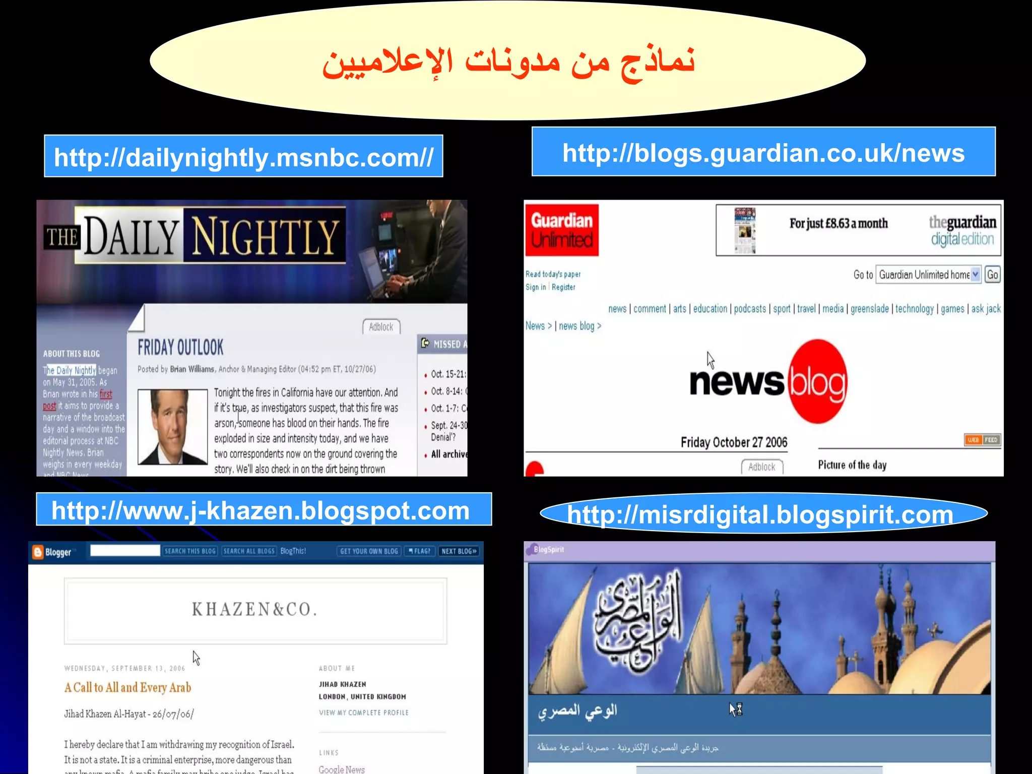 http://blogs.guardian.co.uk/news http://dailynightly.msnbc.com// http://www.j-khazen.blogspot.com   http://misrdigital.blogspirit.com   نماذج من مدونات الإعلاميين 