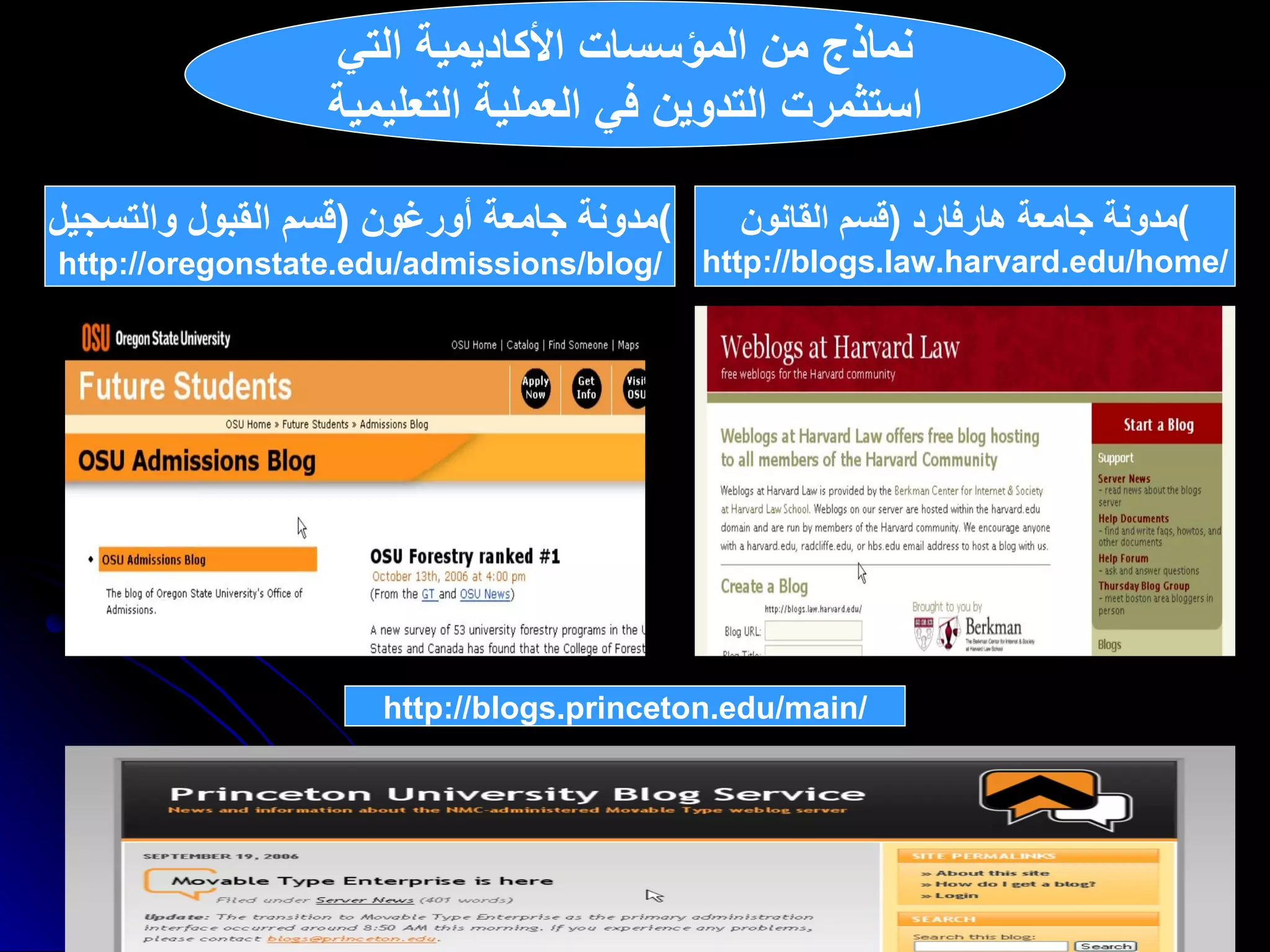 مدونة جامعة أورغون  ( قسم القبول والتسجيل ) http :// oregonstate . edu / admissions / blog / http://blogs.princeton.edu/main/ نماذج من المؤسسات الأكاديمية التي استثمرت التدوين في العملية التعليمية مدونة جامعة هارفارد  ( قسم القانون ) http://blogs.law.harvard.edu/home/ 