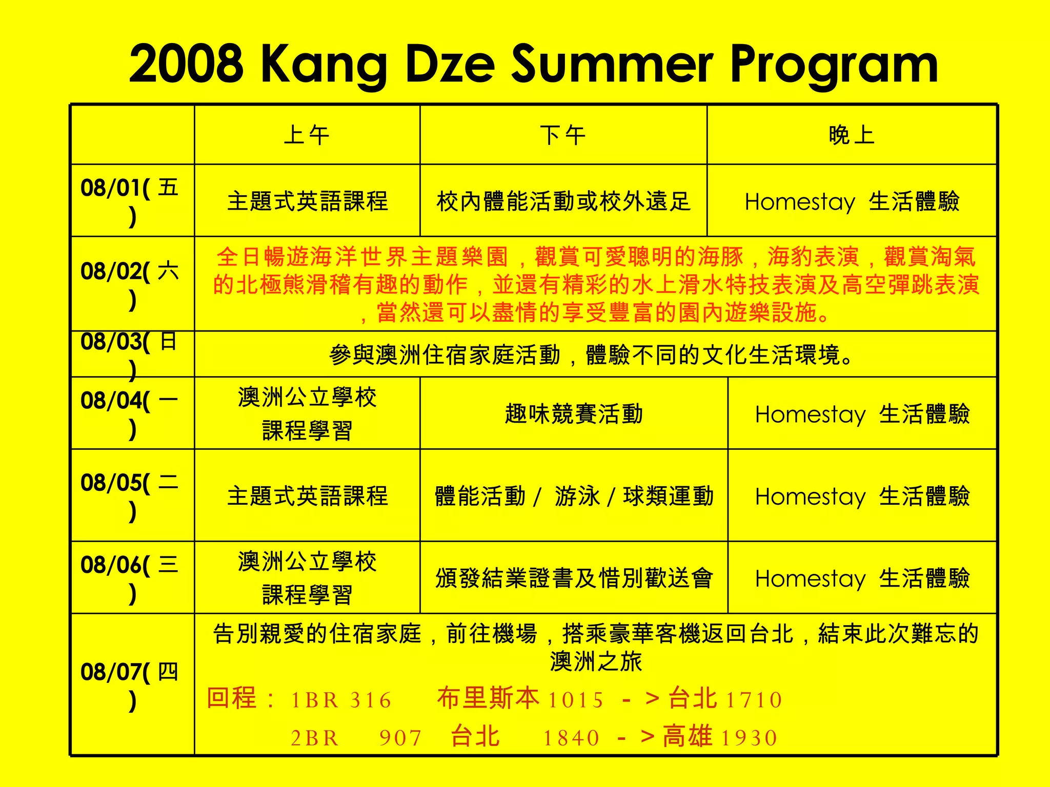 2008 Kang Dze Summer Program Homestay  生活體驗 校內體能活動或校外遠足 告別親愛的住宿家庭，前往機場，搭乘豪華客機返回台北，結束此次難忘的澳洲之旅 回程： 1BR 316  　布里斯本 1015 －＞台北 1710  　　　 2BR 　 907  台北  1840 －＞高雄 1930   08/07( 四 ) 頒發結業證書及惜別歡送會 澳洲公立學校 課程學習 08/06( 三 ) Homestay  生活體驗 體能活動 /  游泳 / 球類運動 主題式英語課程 08/05( 二 ) Homestay  生活體驗 趣味競賽活動 澳洲公立學校 課程學習 08/04( 一 ) 參與澳洲住宿家庭活動，體驗不同的文化生活環境。 08/03( 日 ) 全日暢遊 海洋世界主題樂園 ，觀賞可愛聰明的海豚，海豹表演，觀賞淘氣的北極熊滑稽有趣的動作，並還有精彩的水上滑水特技表演及高空彈跳表演，當然還可以盡情的享受豐富的園內遊樂設施。 08/02( 六 ) Homestay  生活體驗 主題式英語課程 08/01( 五 ) 晚上 下午 上午 