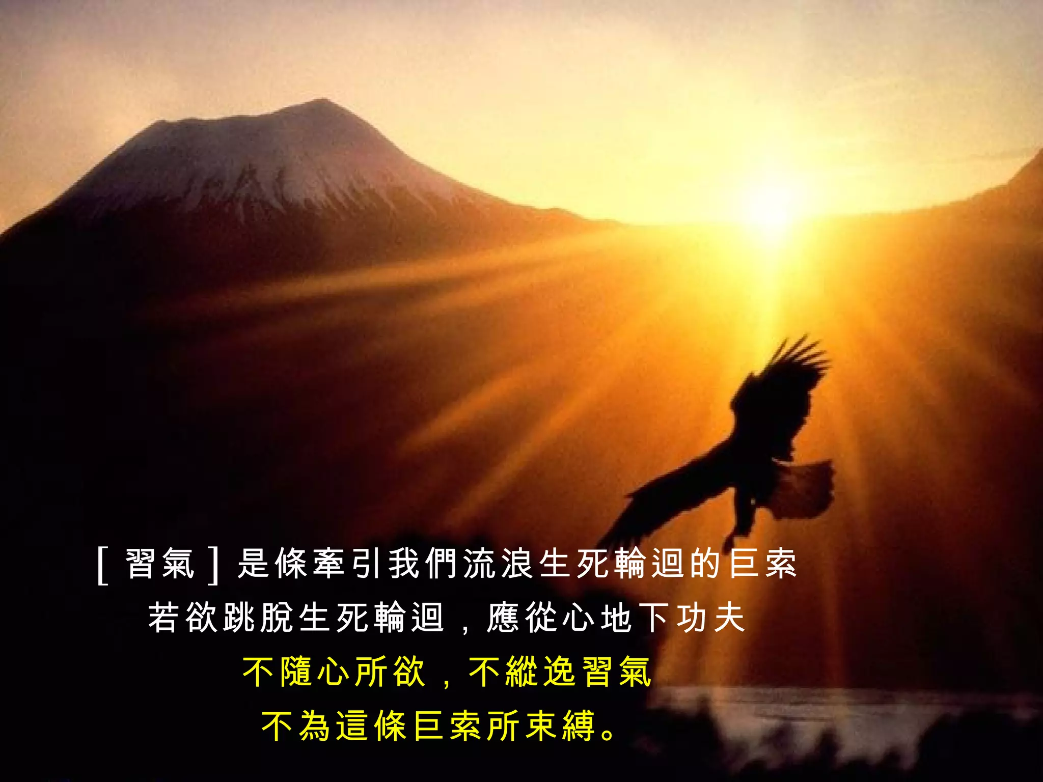 [ 習氣 ] 是條牽引我們流浪生死輪迴的巨索 若欲跳脫生死輪迴，應從心地下功夫 不隨心所欲，不縱逸習氣 不為這條巨索所束縛。 