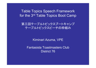 Table Topics Speech Framework
for the 3rd Table Topics Boot Camp

 第三回テーブルトピックスブートキャンプ
  テーブルトピックスピーチの枠組み
    ブ


       Kiminari Azuma, VPE

    Fantasista Toastmasters Club
              District 76
 