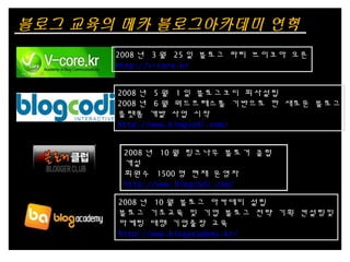 2008 년 3 월 25 일 블로그 파티 브이코아 오픈
http://v-core.kr
2008 년 5 월 1 일 블로그코디 회사설립
2008 년 6 월 워드프레스를 기반으로 한 새로운 블로그
플랫폼 개발 사업 시작
http://www.blogcodi.com/
2008 년 10 월 블로그 아카데미 설립
블로그 기초교육 및 기업 블로그 전략 기획 컨설팅및
마케팅 대행 기업출장 교육
http://www.blogacademy.kr/
2008 년 10 월 링크나우 블로거 클럽
개설
회원수 1500 명 현재 운영자
http://www.blogcodi.com/
블로그 교육의 메카 블로그아카데미 연혁
 