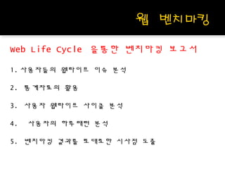 Web Life Cycle 을통한 벤치마킹 보고서
1. 사용자들의 웹라이프 이슈 분석
2. 통계자료의 활용
3. 사용자 웹라이프 사이클 분석
4. 사용자의 하루패턴 분석
5. 벤치마킹 결과를 토대로한 시사점 도출
 