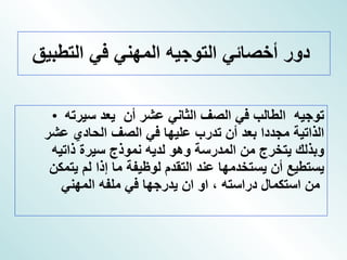 دور أخصائي التوجيه المهني في التطبيق   توجيه  الطالب في الصف الثاني عشر أن  يعد سيرته الذاتية مجددا بعد أن تدرب عليها في الصف الحادي عشر وبذلك يتخرج من المدرسة وهو لديه نموذج سيرة ذاتيه يستطيع أن يستخدمها عند التقدم لوظيفة ما إذا لم يتمكن من استكمال دراسته ، او ان يدرجها في ملفه المهني   