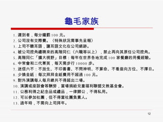 龜毛家族 1. 遲到者，每分鐘罰 100 元。 2. 公司沒有交際費。〈特殊狀況需事先呈報〉 3. 上司不聽耳語，讓耳語文化在公司絕跡。 4. 被公司挖角禮聘來的高階同仁〈六職等以上〉，禁止再向其原任公司挖角。 5. 高階同仁「擴大視野」目標：每年在世界各地完成 100 家餐廳的用餐經驗。 6. 中常會和二代菁英，每天需步行 10000 步。 7. 迷信六不：不放生、不印善書、不問神明、不算命、不看座向方位、不擇日。 8. 少燒金紙：每次拜拜金紙費用不超過 100 元。 9. 對外演講每人每月總共不得超出二場。 10. 演講或座談會等酬勞，當場捐給兒童福利聯盟文教基金會。 11. 公務利得之紀念品或禮品，一律歸公，不得私用。 12. 可以參加社團，但不得當社團負責人。 13. 過年時，不需向上司拜年。  