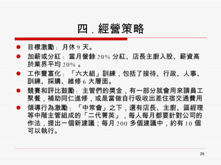 四 . 經營策略 目標激勵 :  月休 9 天。 加薪或分紅 :  當月營餘 20% 分紅、店長主廚入股、薪資高於業界平均 20% 。 工作豐富化 :  「六大組」訓練，包括了接待、行政、人事、訓練、採購、維修 6 大層面。 競賽和評比鼓勵 :  主管們的獎金，有一部分就會用來請員工聚餐，補助同仁進修，或是當做自行吸收出差住宿交通費用 領導行為激勵 :  「中常會」之下，還有店長、主廚、區經理等中階主管組成的「二代菁英」，每人每月都要針對公司的作法，提出一個新建議；每月 200 多個建議中，約有 10 個可以執行。 